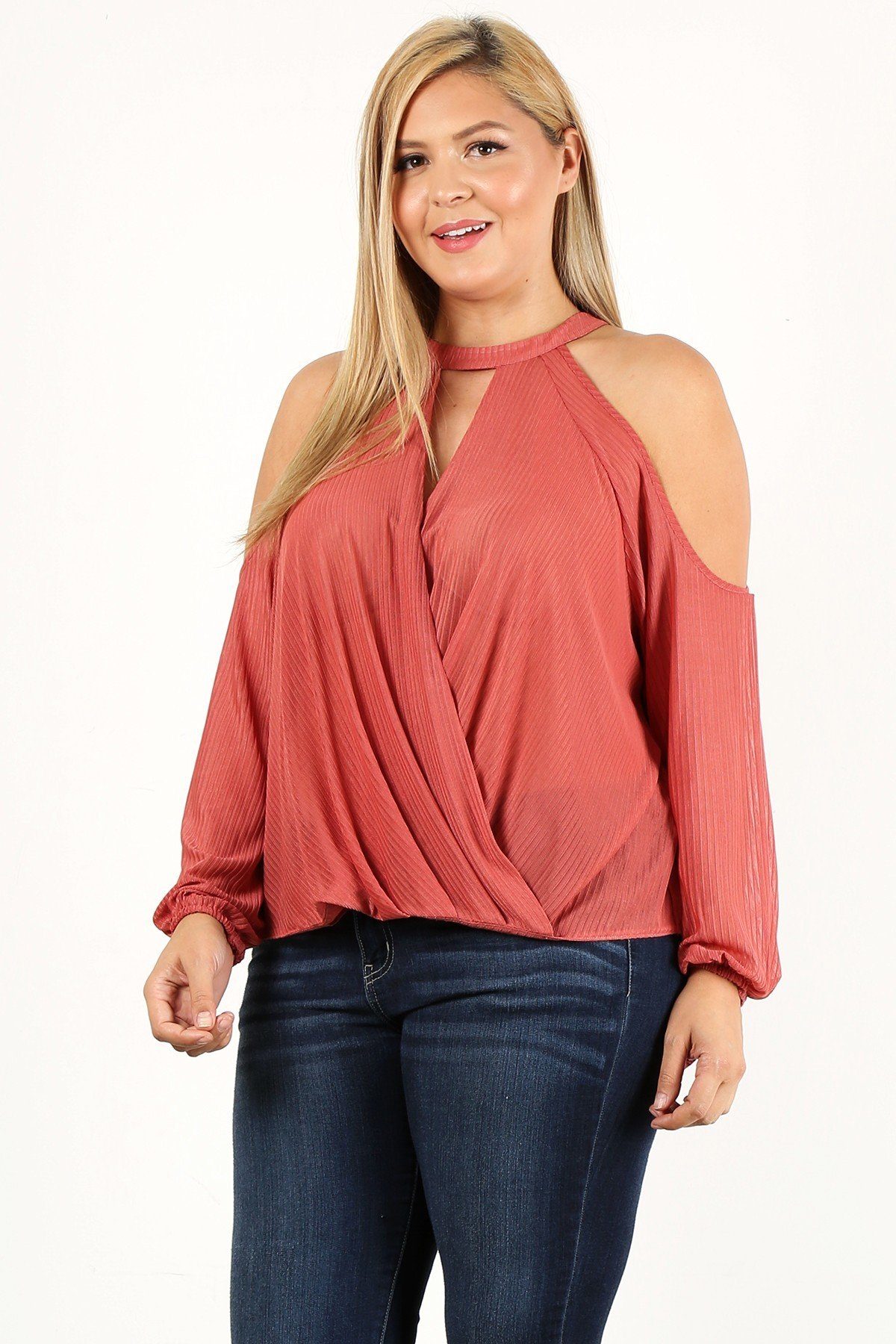 Plus Size Solid Wrap Top With A Mock Neckline, Cutouts, And Puff Sleeves