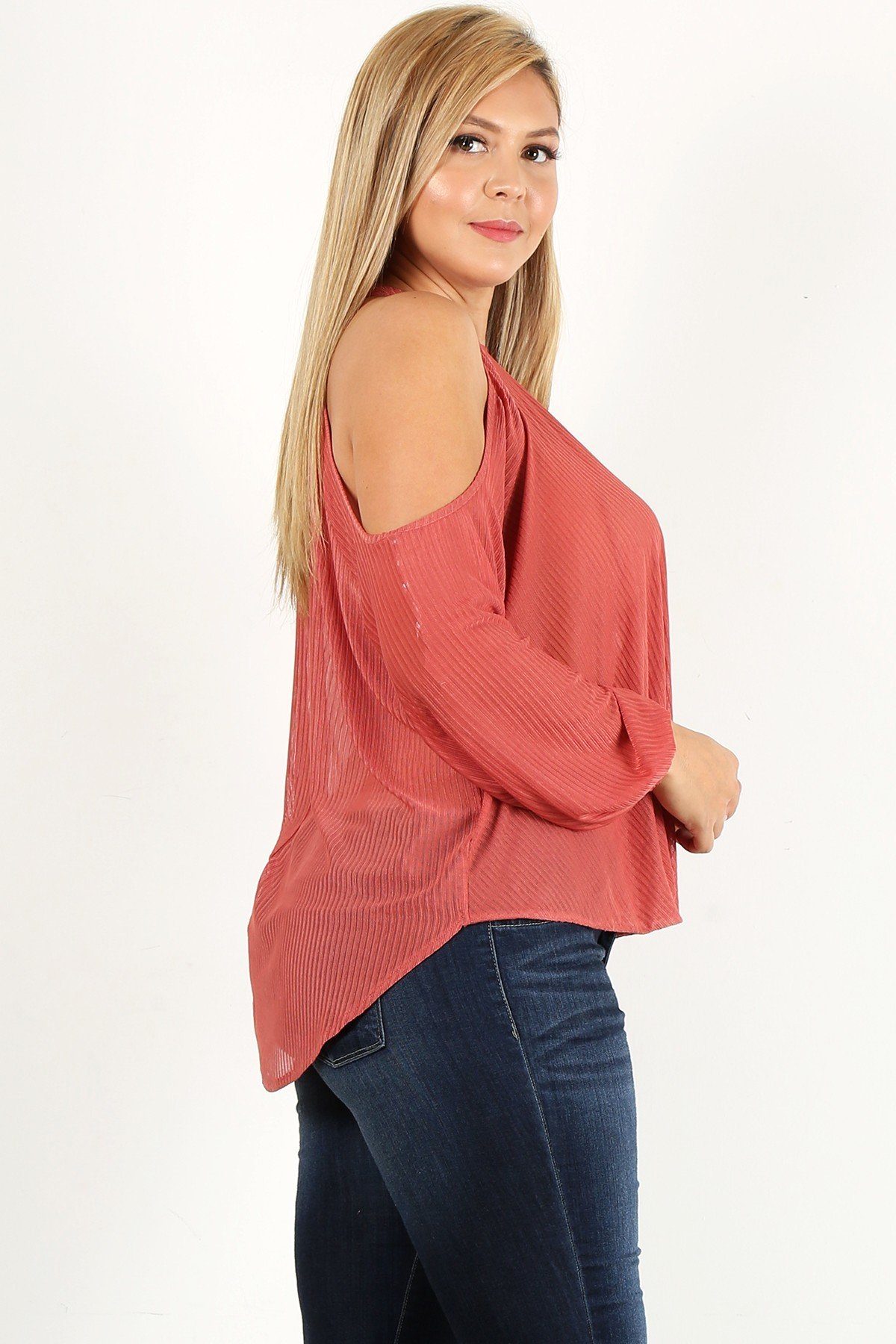 Plus Size Solid Wrap Top With A Mock Neckline, Cutouts, And Puff Sleeves