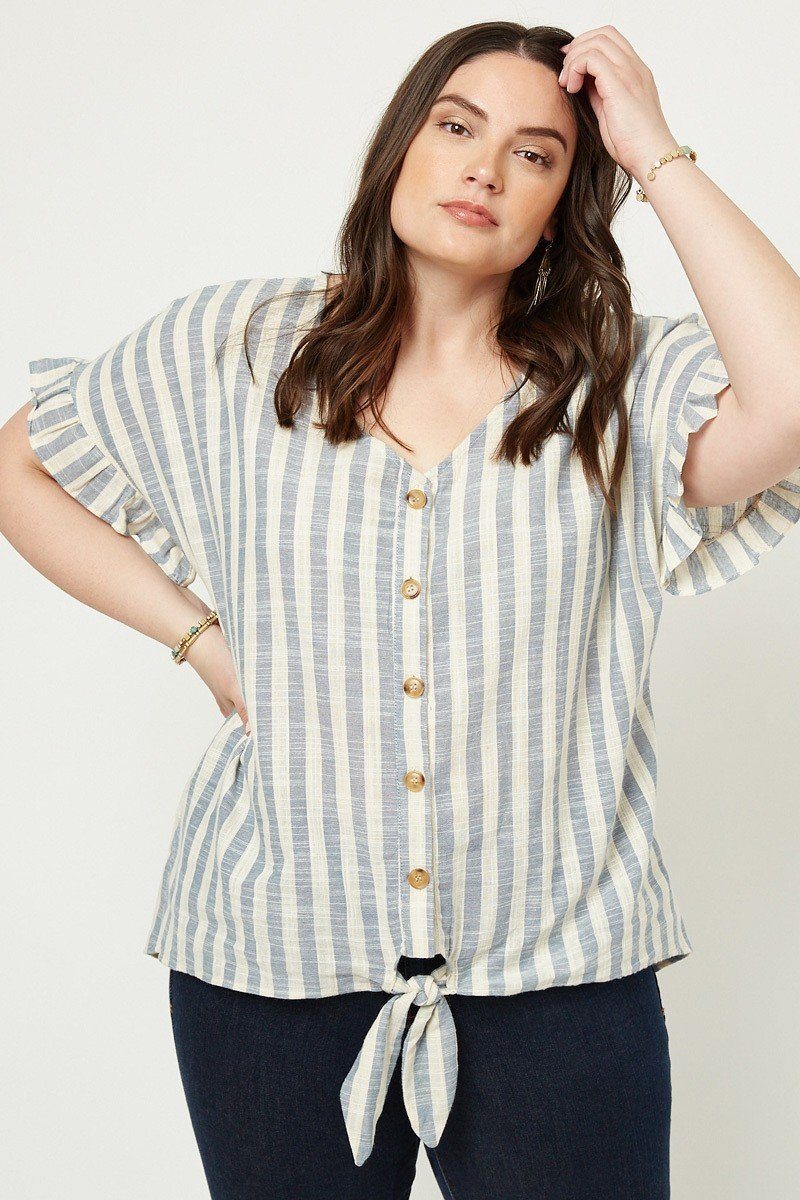 Stripe Ruffle Linen Tie Front Top