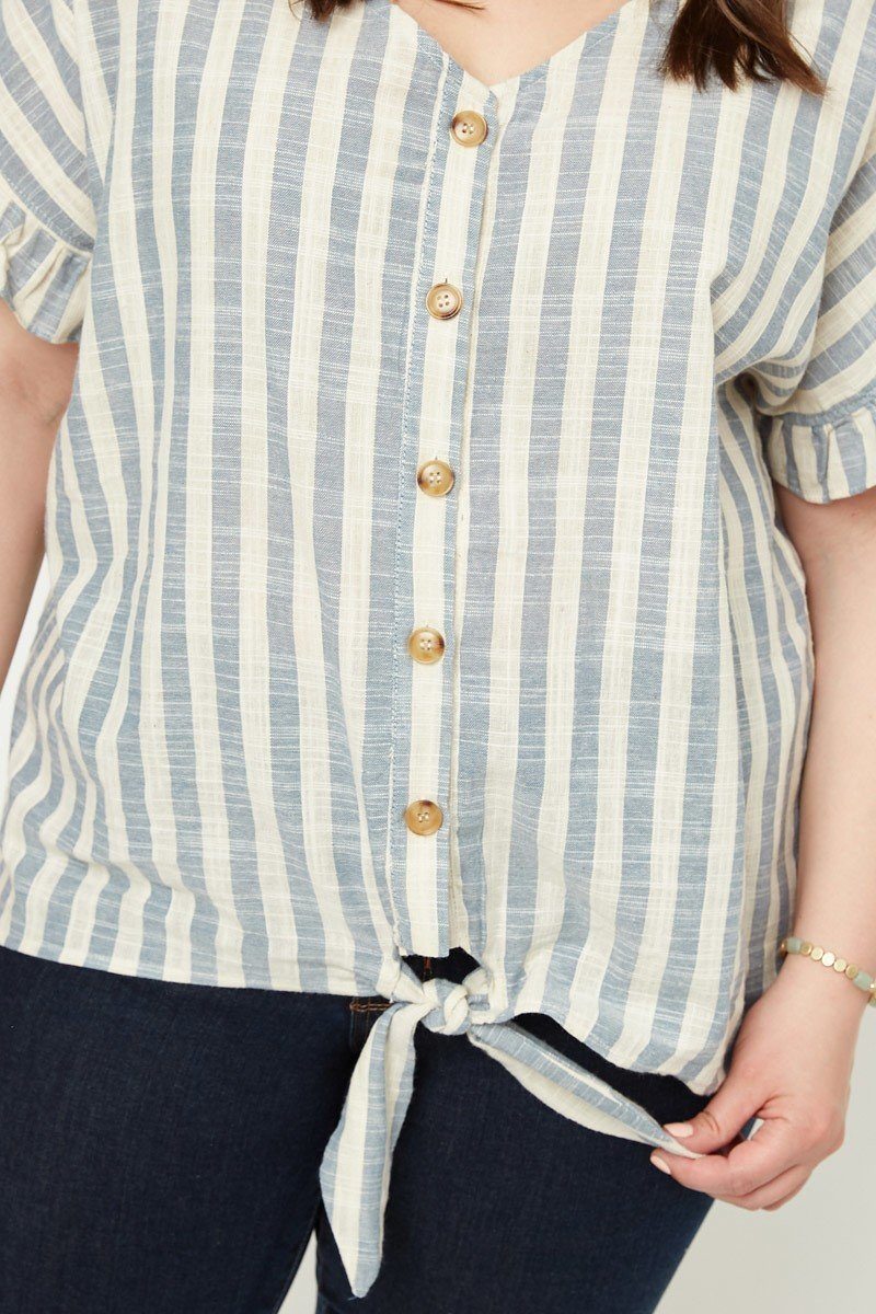 Stripe Ruffle Linen Tie Front Top