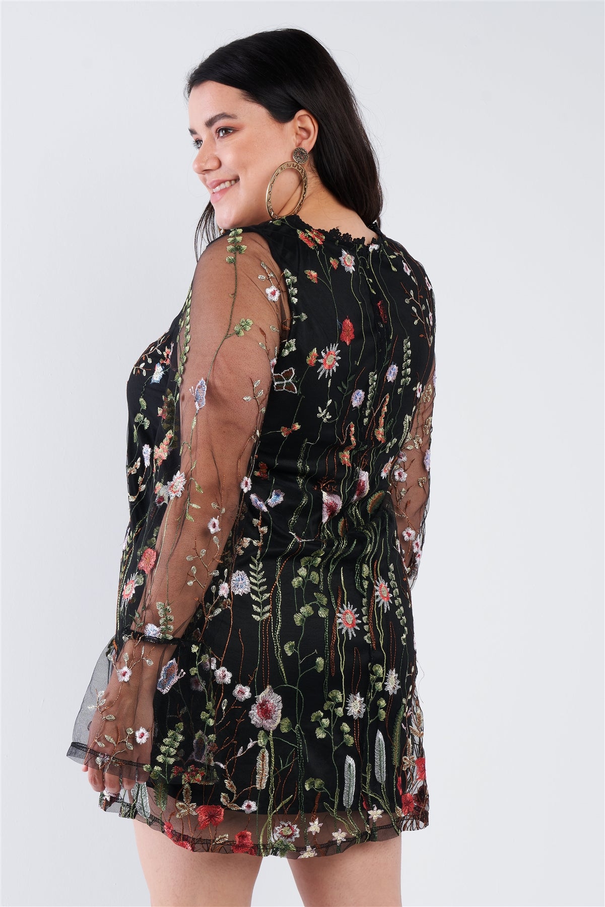 Plus Size Floral Mix Sheer Mock Lace Neck Mini Dress