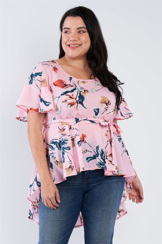 Plus Size Pink Multi Floral Print Wrap High-low Top