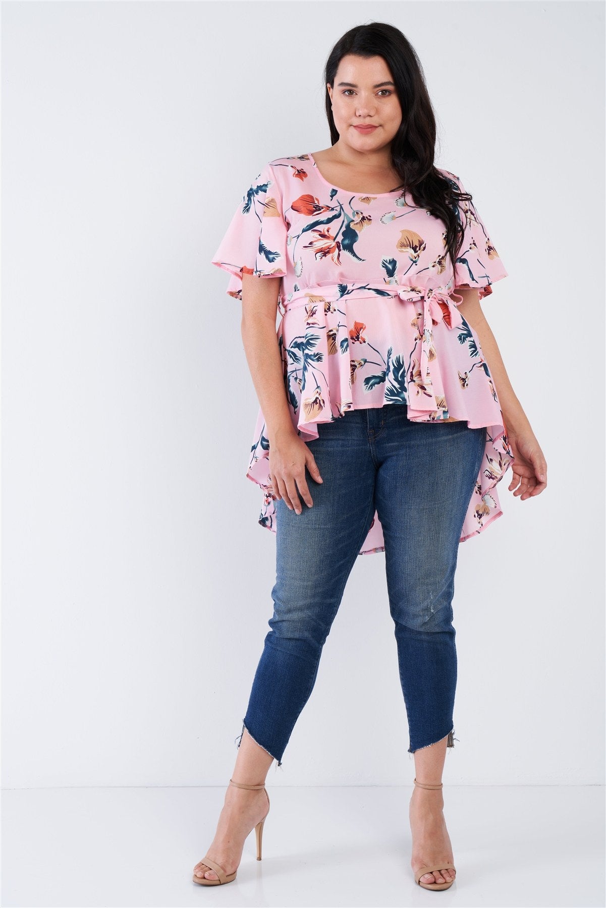 Plus Size Pink Multi Floral Print Wrap High-low Top