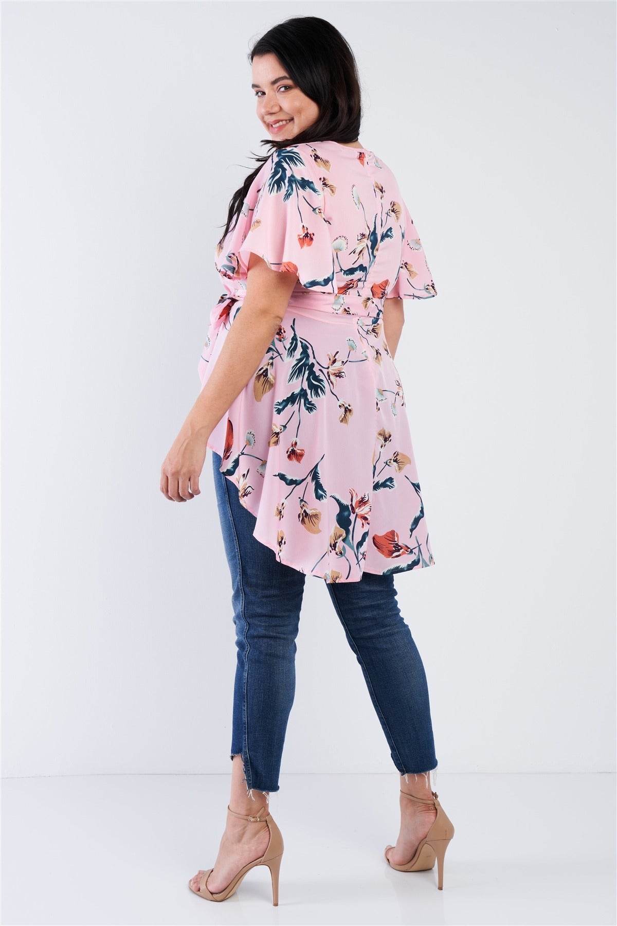 Plus Size Pink Multi Floral Print Wrap High-low Top