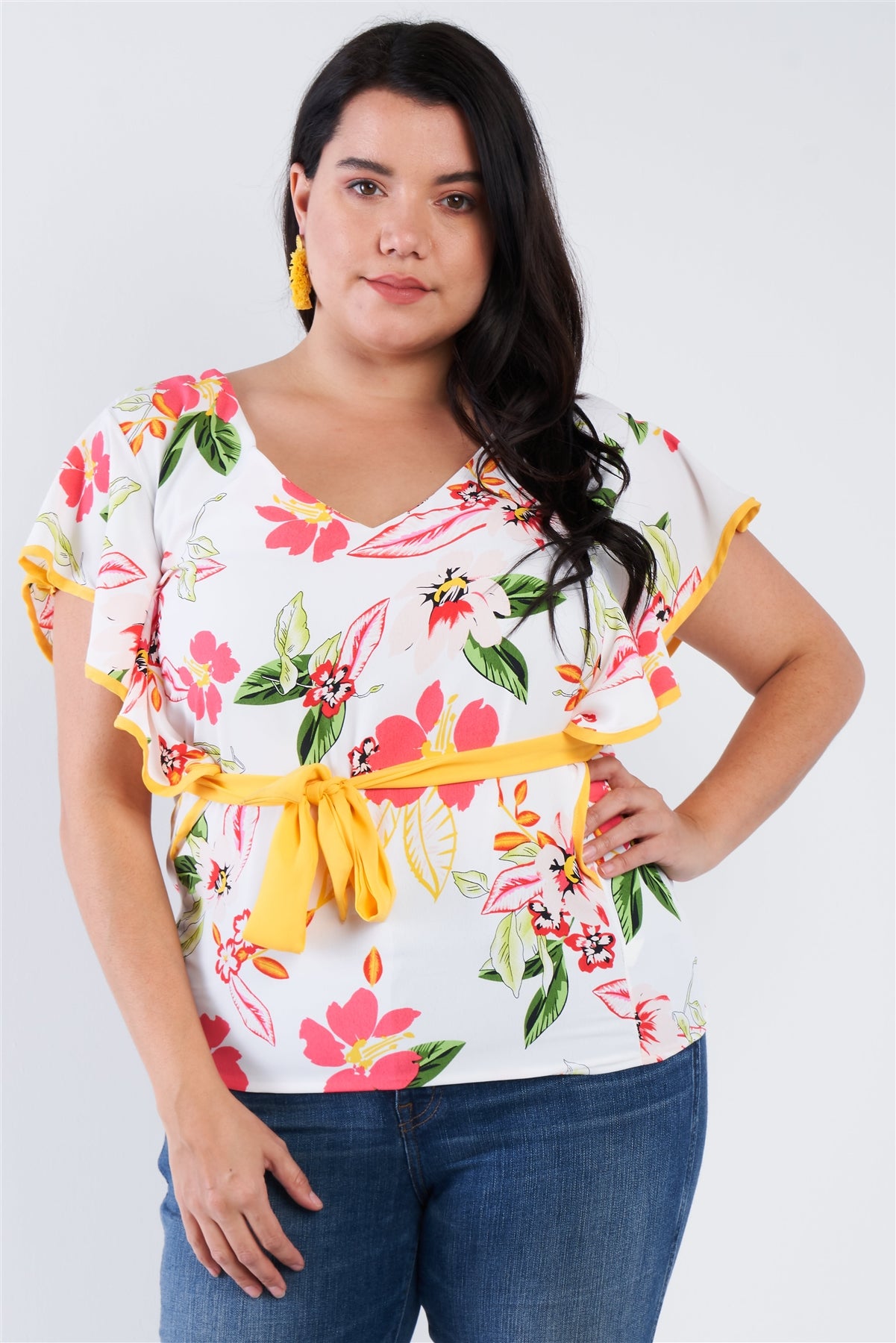 Plus Size Tropical Floral Print Mock Sleeve Chiffon Semi-sheer Top