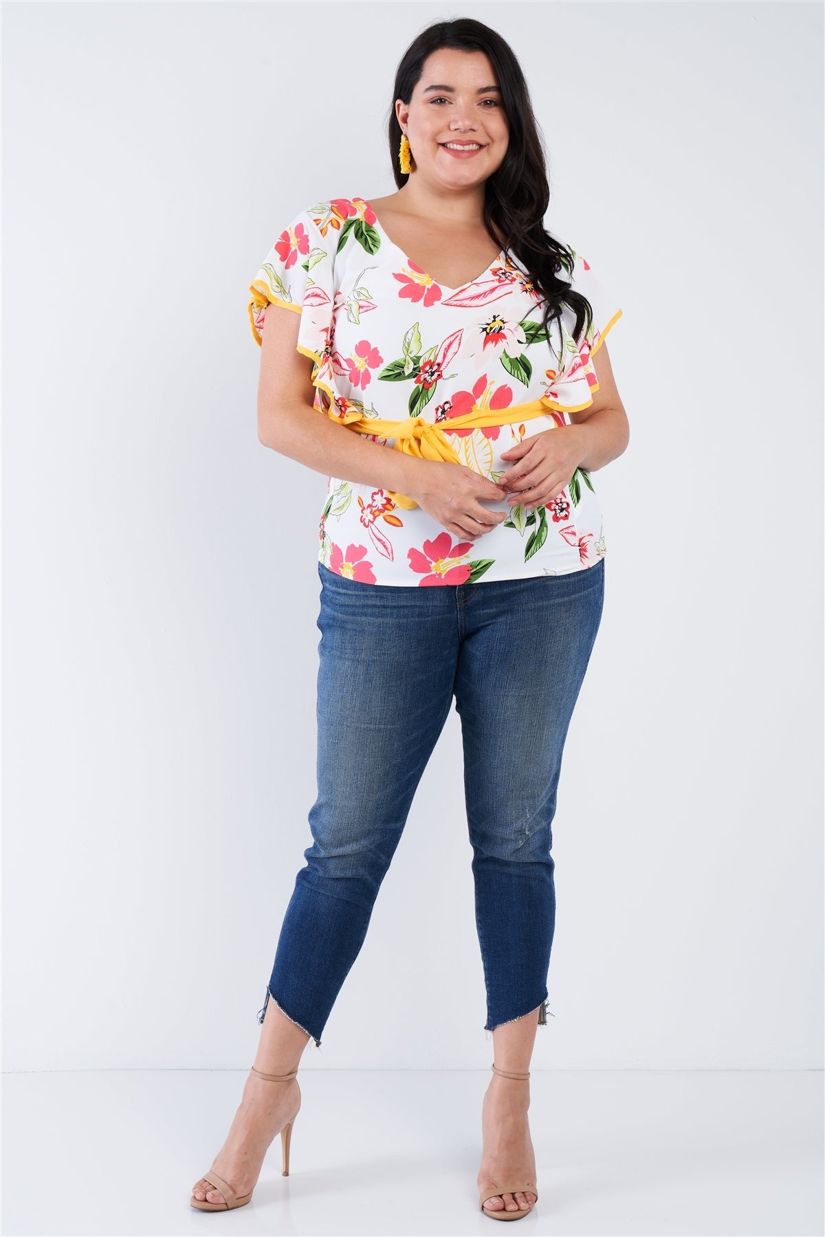 Plus Size Tropical Floral Print Mock Sleeve Chiffon Semi-sheer Top