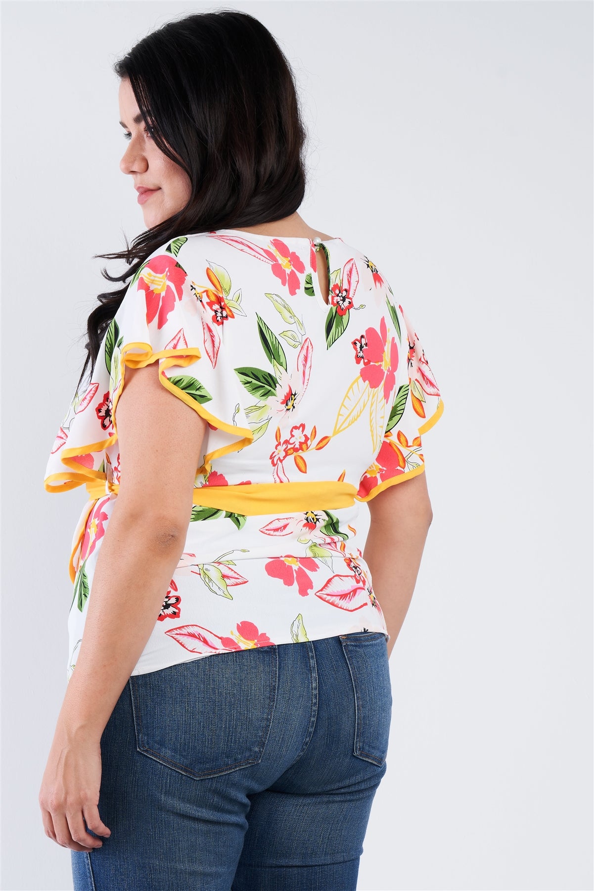 Plus Size Tropical Floral Print Mock Sleeve Chiffon Semi-sheer Top