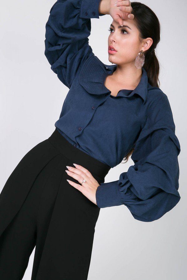 One Side Ruffle Neck Gather Puff Sleeve Button Down Blouse