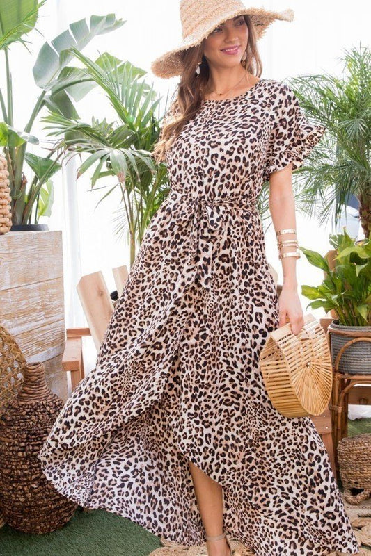 Leopard Over Wrap Waist Belted Maxi Dress