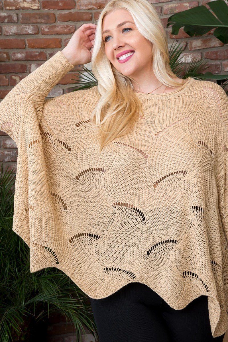 Plus Size Round Neck Long Batwing Sleeve Scalloped Edge Sweater