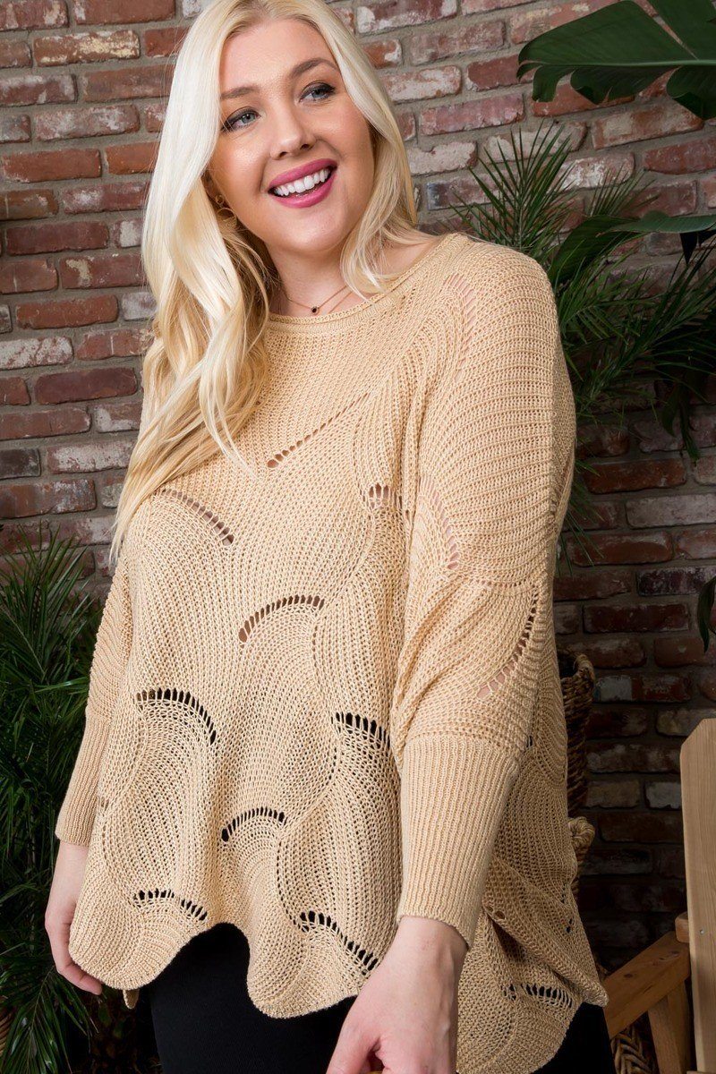 Plus Size Round Neck Long Batwing Sleeve Scalloped Edge Sweater