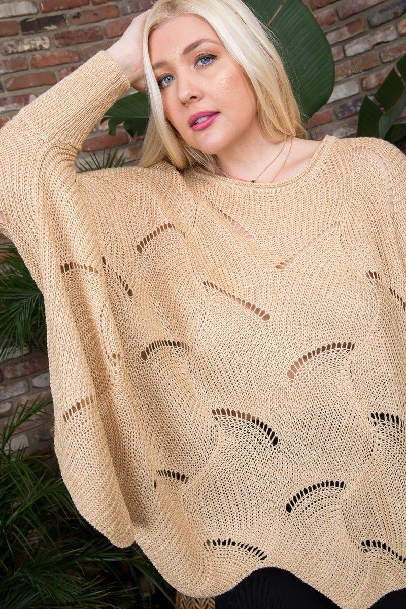 Plus Size Round Neck Long Batwing Sleeve Scalloped Edge Sweater
