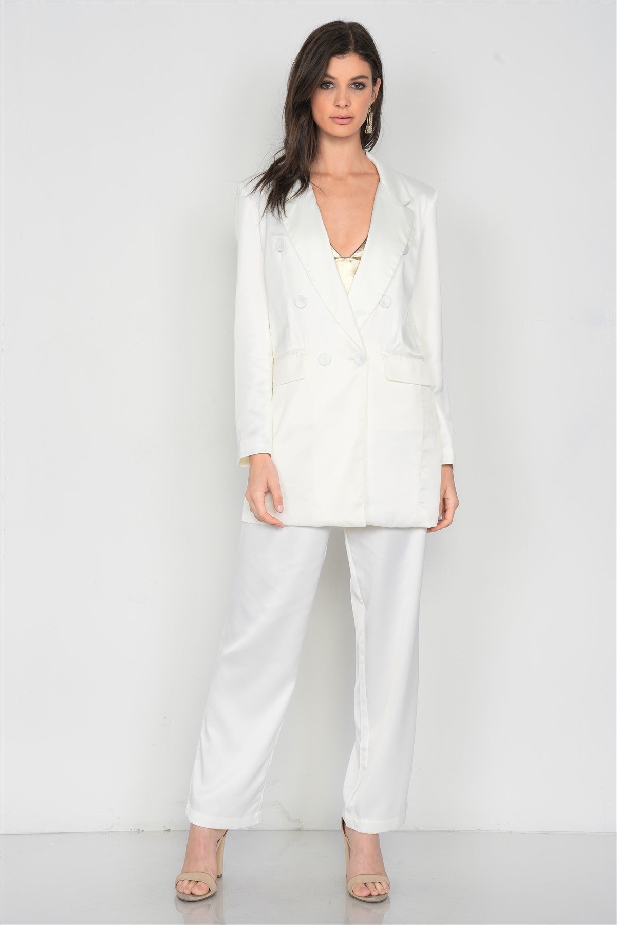 Ivory Silk Boyfriend Blazer & Chic High-waist Pleated Ankle Pant Set