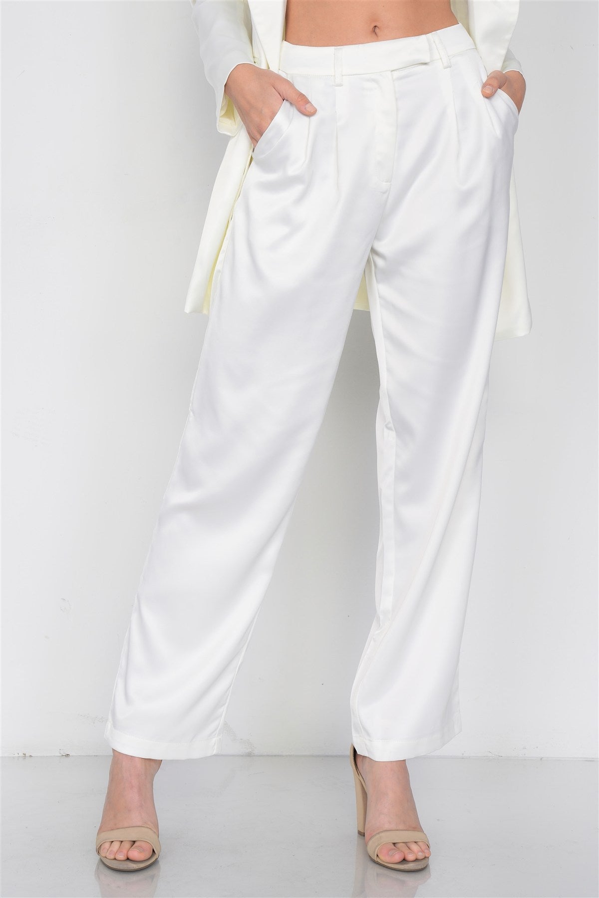 Ivory Silk Boyfriend Blazer & Chic High-waist Pleated Ankle Pant Set