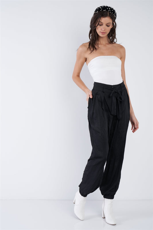 Crushed Satin Cinched Ankle Cuff Self Tie Waist Sash Pants