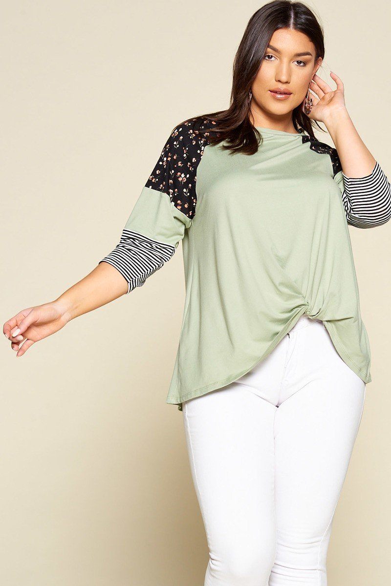 Plus Size Floral And Striped Color Block Sleeves Tunic Top With Side Twist