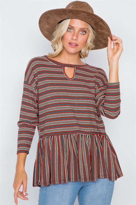 Multi Retro Stripe Front Keyhole Scoop Neck Peplum Top