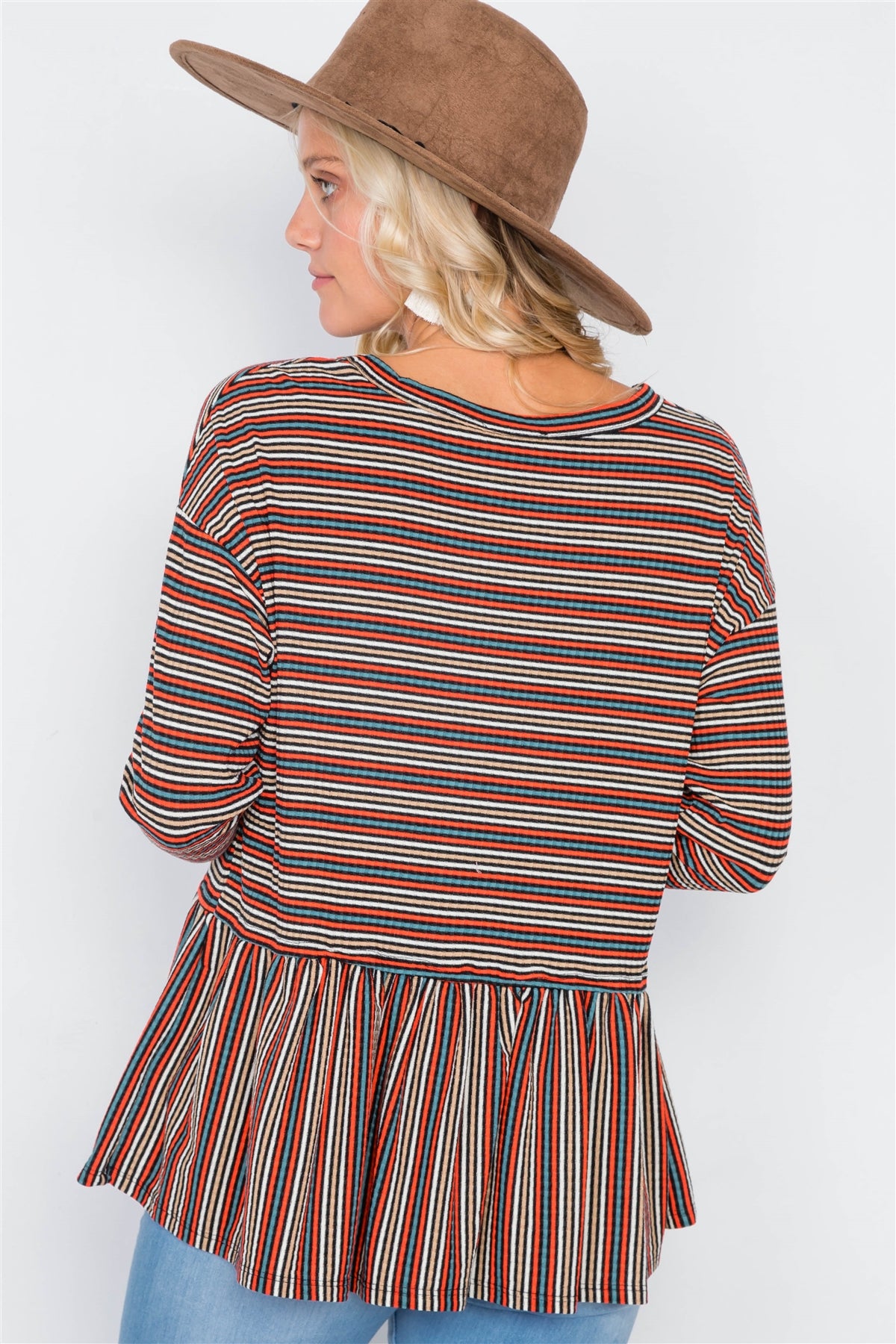 Multi Retro Stripe Front Keyhole Scoop Neck Peplum Top