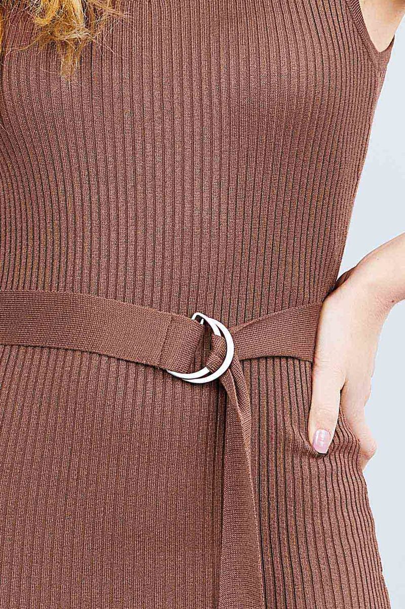 Sleeveless Double Scoop Neck W/belt Rib Sweater Mini Dress