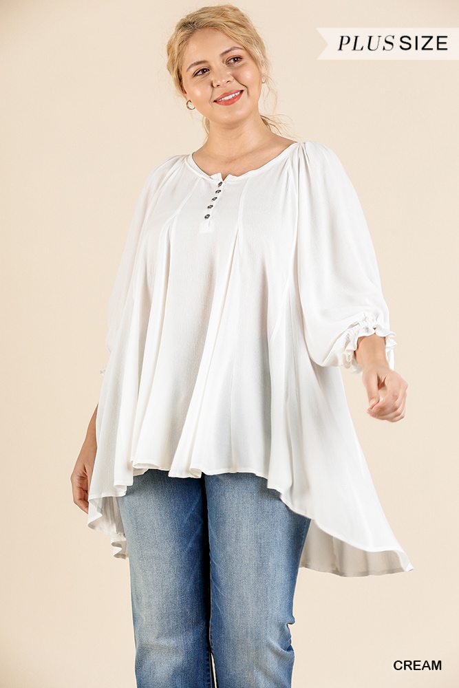 Ruffle Tie Sleeve Button Round Neck Tunic With High Low Hem