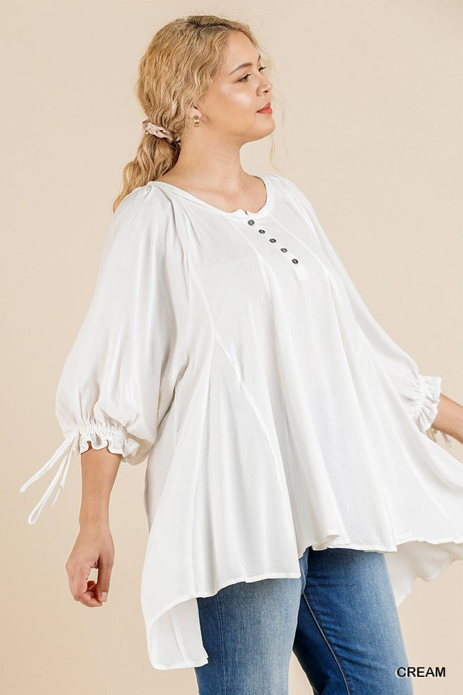 Ruffle Tie Sleeve Button Round Neck Tunic With High Low Hem