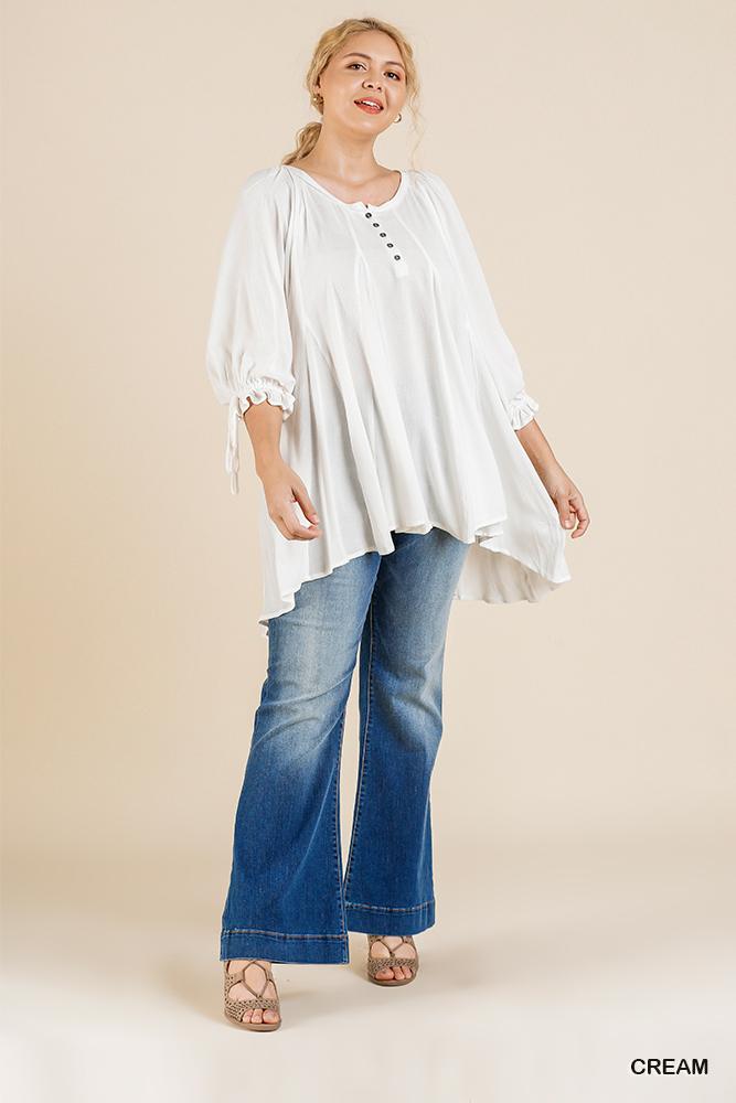 Ruffle Tie Sleeve Button Round Neck Tunic With High Low Hem