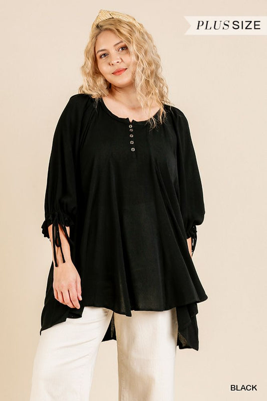 Ruffle Tie Sleeve Button Round Neck Tunic With High Low Hem