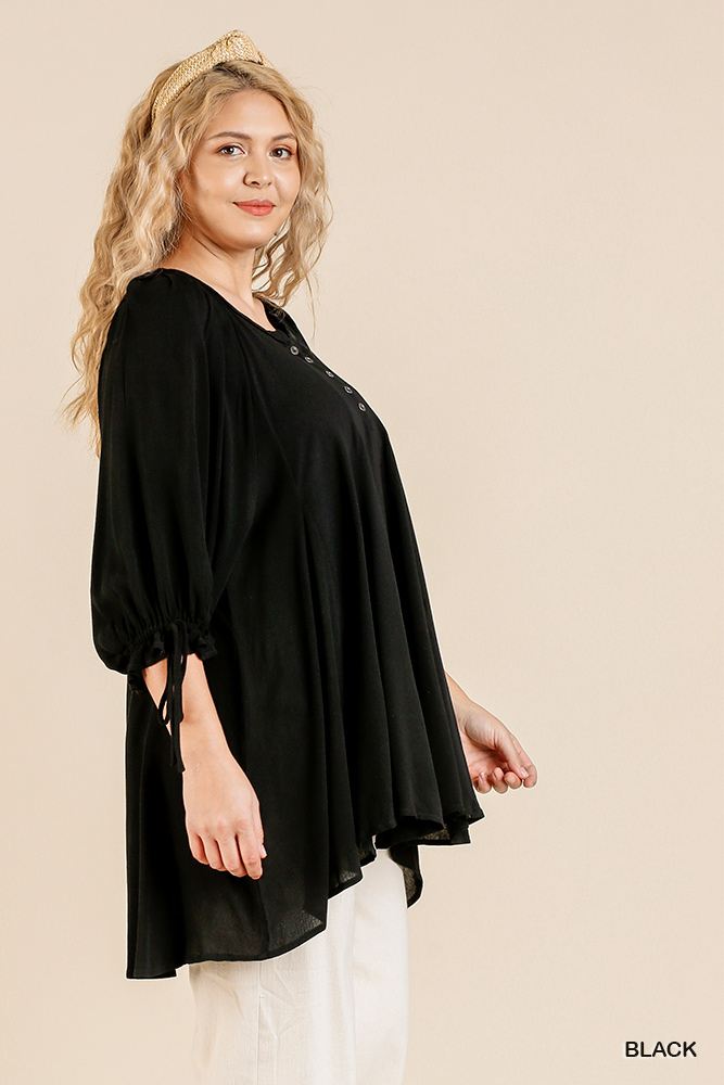 Ruffle Tie Sleeve Button Round Neck Tunic With High Low Hem