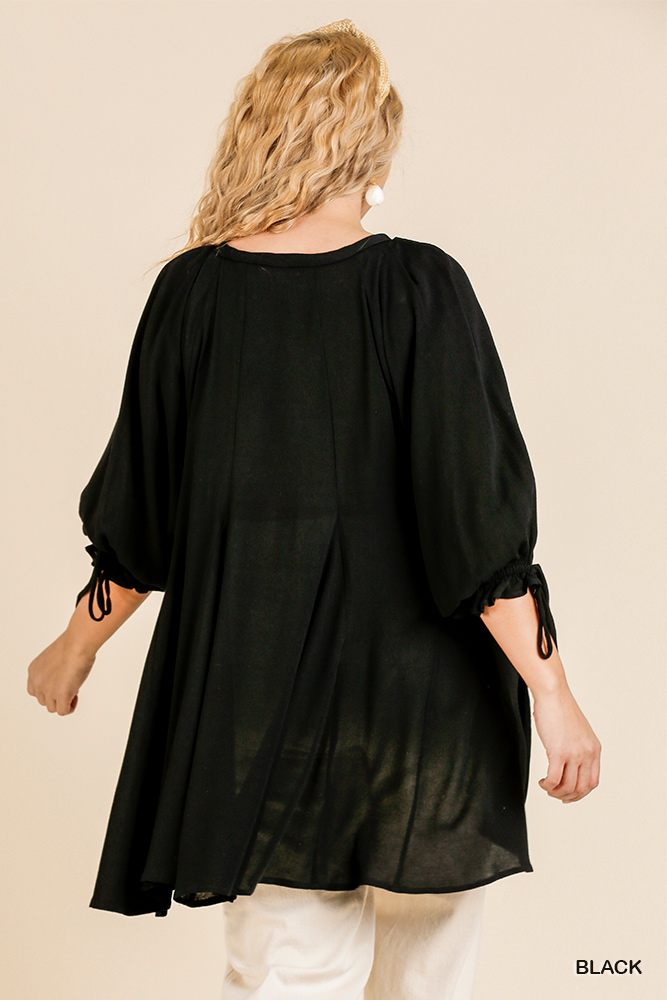 Ruffle Tie Sleeve Button Round Neck Tunic With High Low Hem