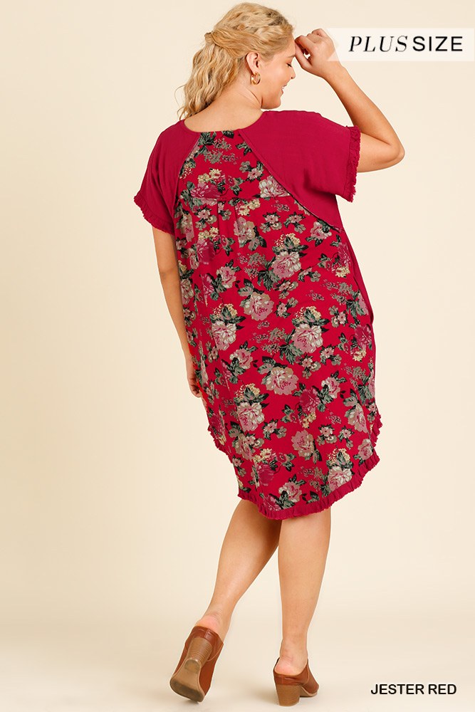 Short Sleeve Round Neck Dress With Floral Print Back And High Low Scoop Ruffle Hem