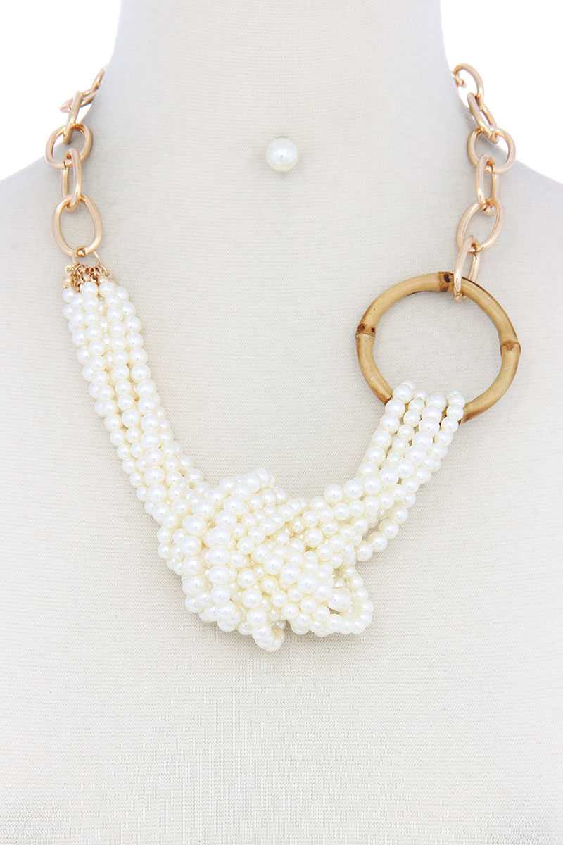 Chunky Pearl Knot Bamboo Ring Necklace