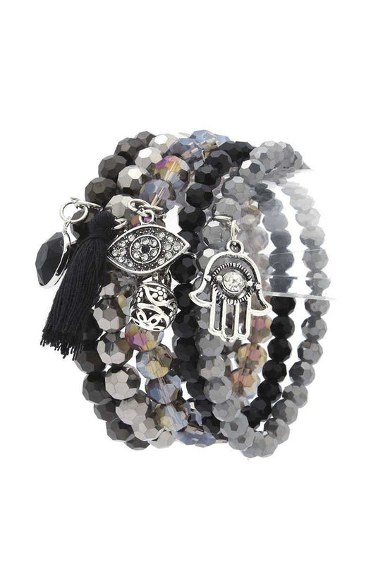 Evil Eye Hamsa Hand Charm Tassel Stackable Bracelet