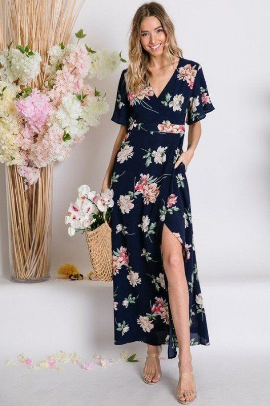 Spring Floral Print Short Bell Flyaway Sleeve Faux Wrap Maxi Dress