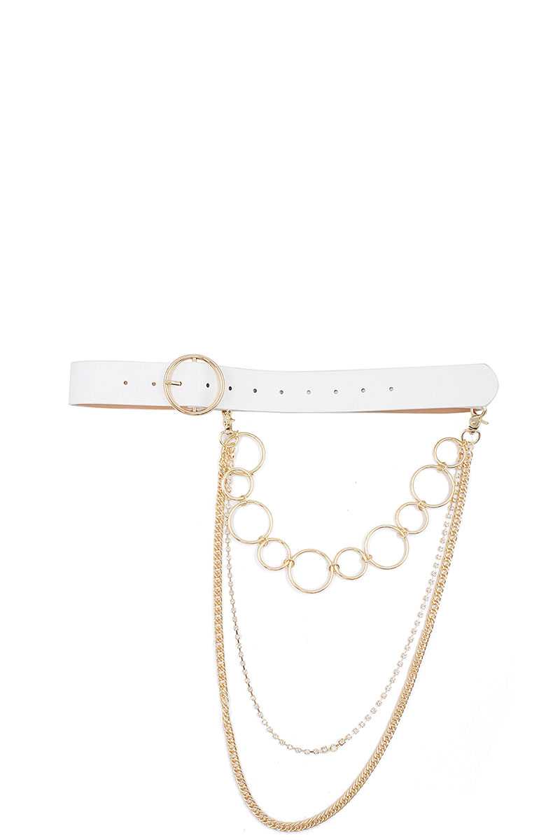 Fashion Round Buckle Belt With Triple Layer Chain Accent