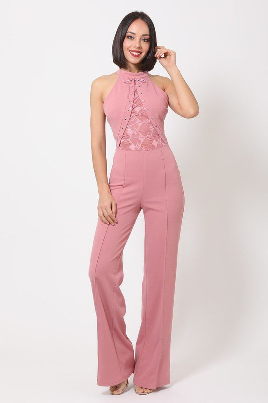 Halter Neck Jumpsuit W/ Criss Cross Front Tie Designs