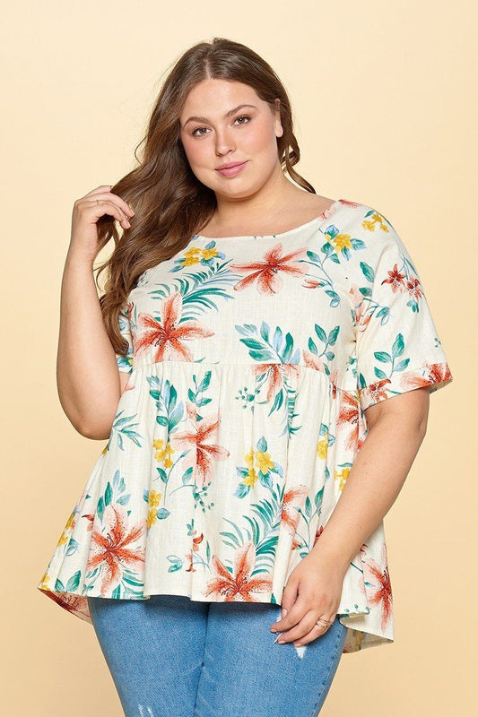 Floral Printed Linen Babydoll Blouse