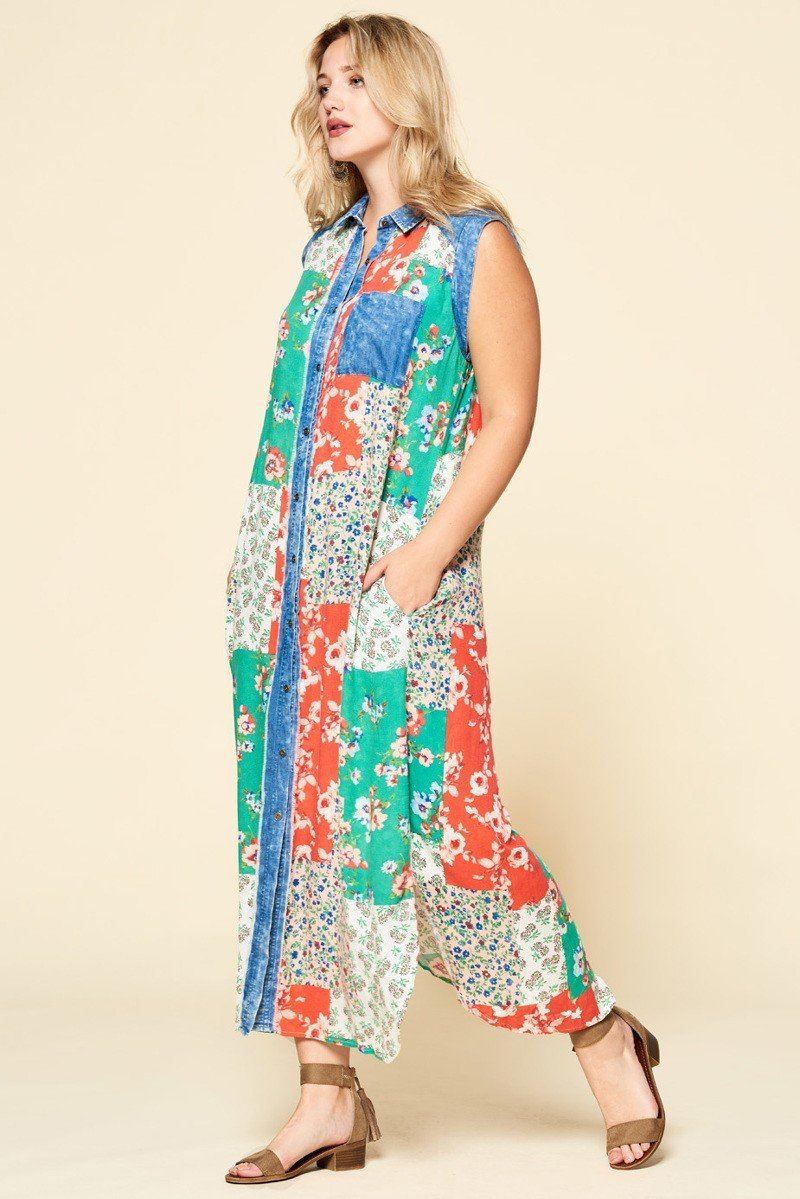 Mixed-floral Patchwork Printed Button-down Maxi Dress