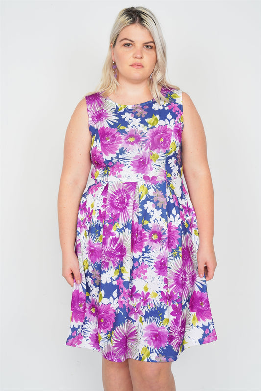 Plus Size Purple Navy Watercolor Floral Print Casual Midi Dress