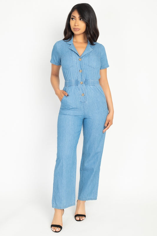 Button Front Elasticized Waist Jumpsuit