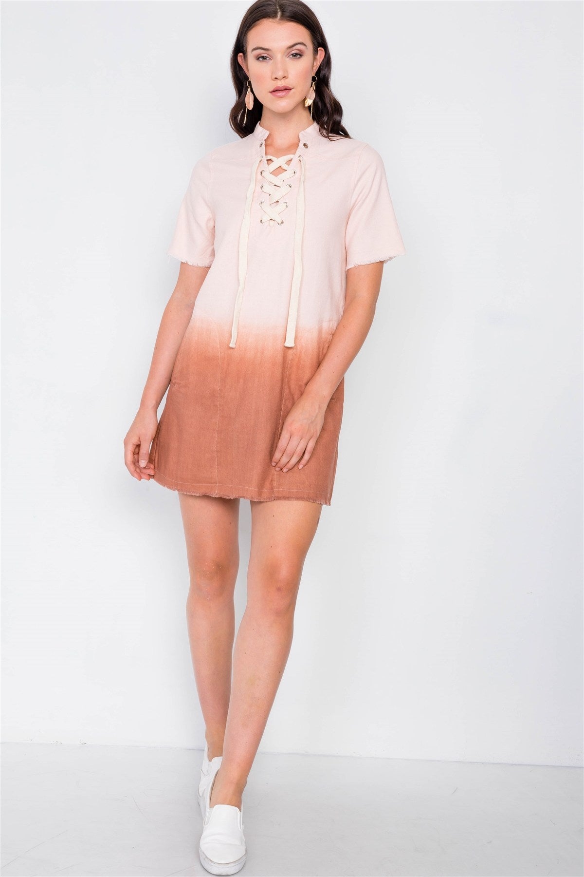 Mauve Dip Tie Dye Lace Up Mini Shift Dress