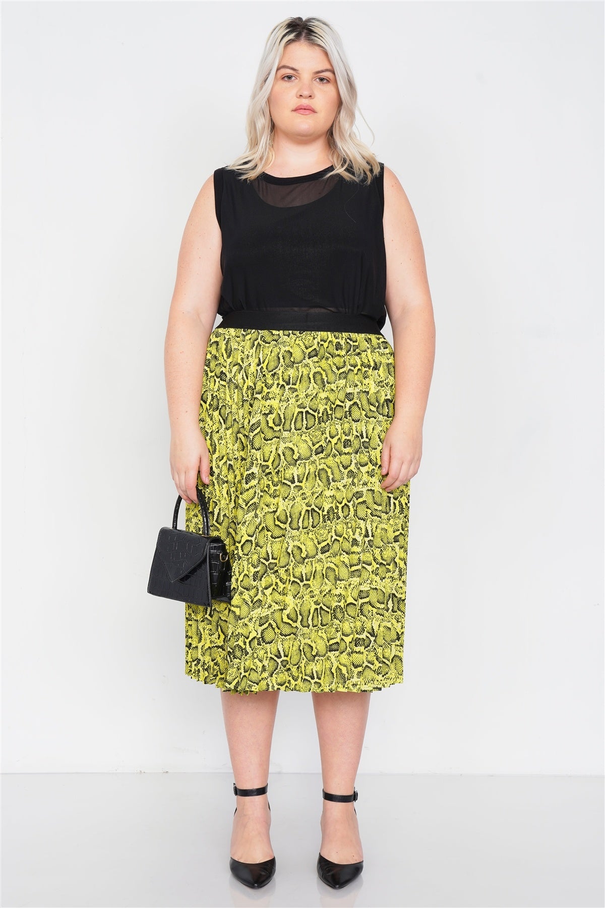 Plus Size Neon Yellow Pleated Animal Print Chic Midi Skirt