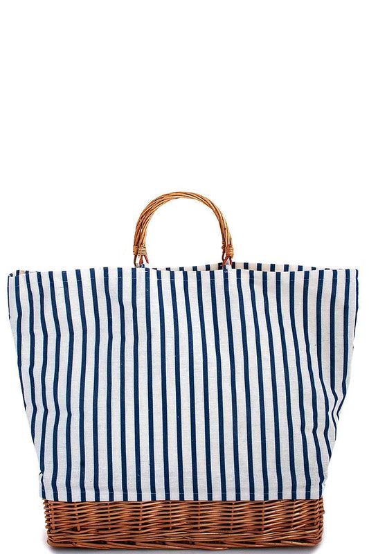 Natural Woven Straw And Striped Fabric Tote Bag