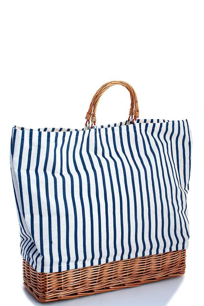 Natural Woven Straw And Striped Fabric Tote Bag