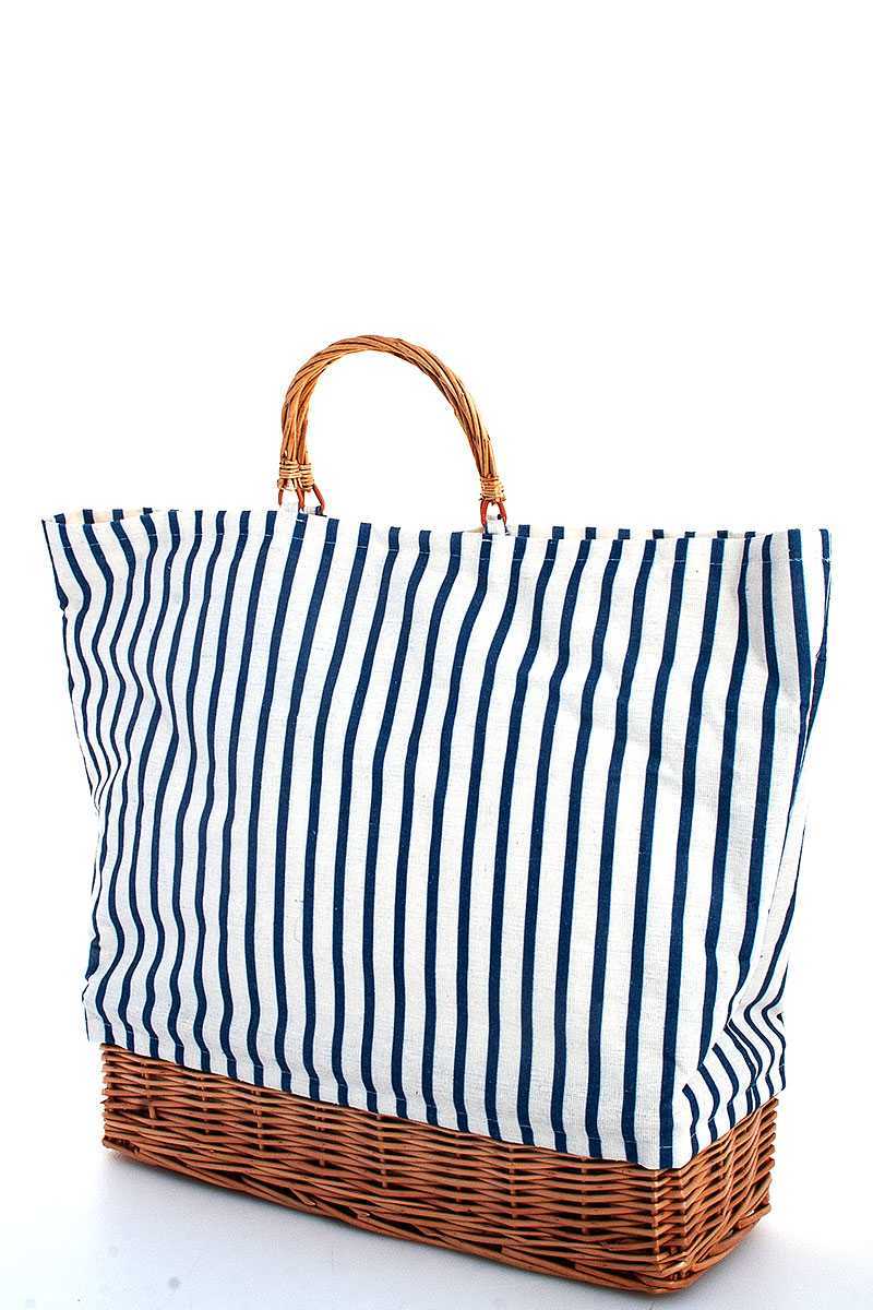 Natural Woven Straw And Striped Fabric Tote Bag