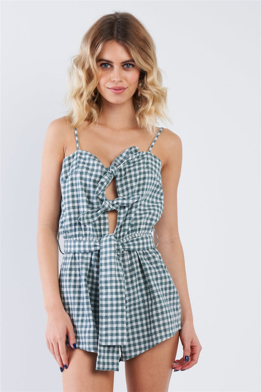 Green Checkered Layered Bow Cut Out Short Romper