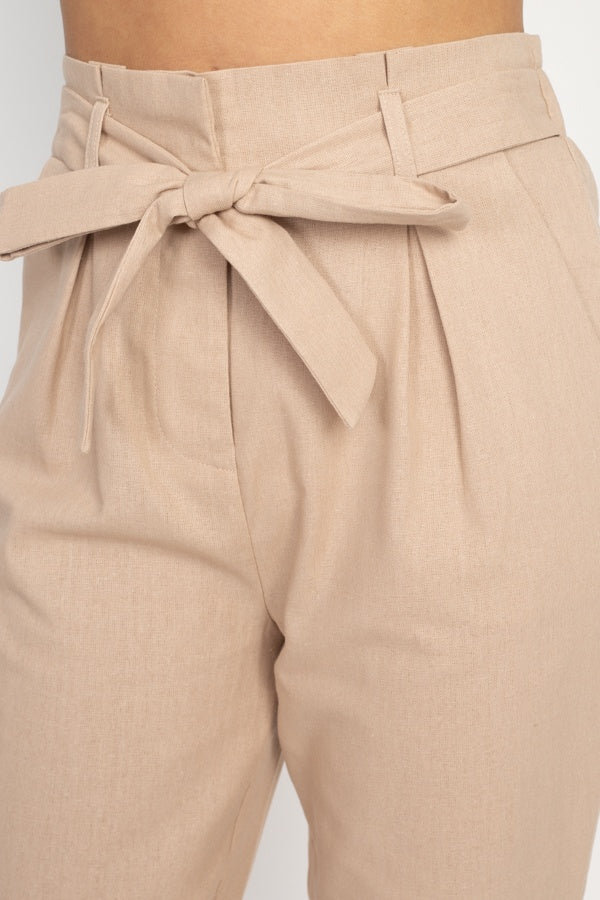 Belted Linen Paper Bag Pants