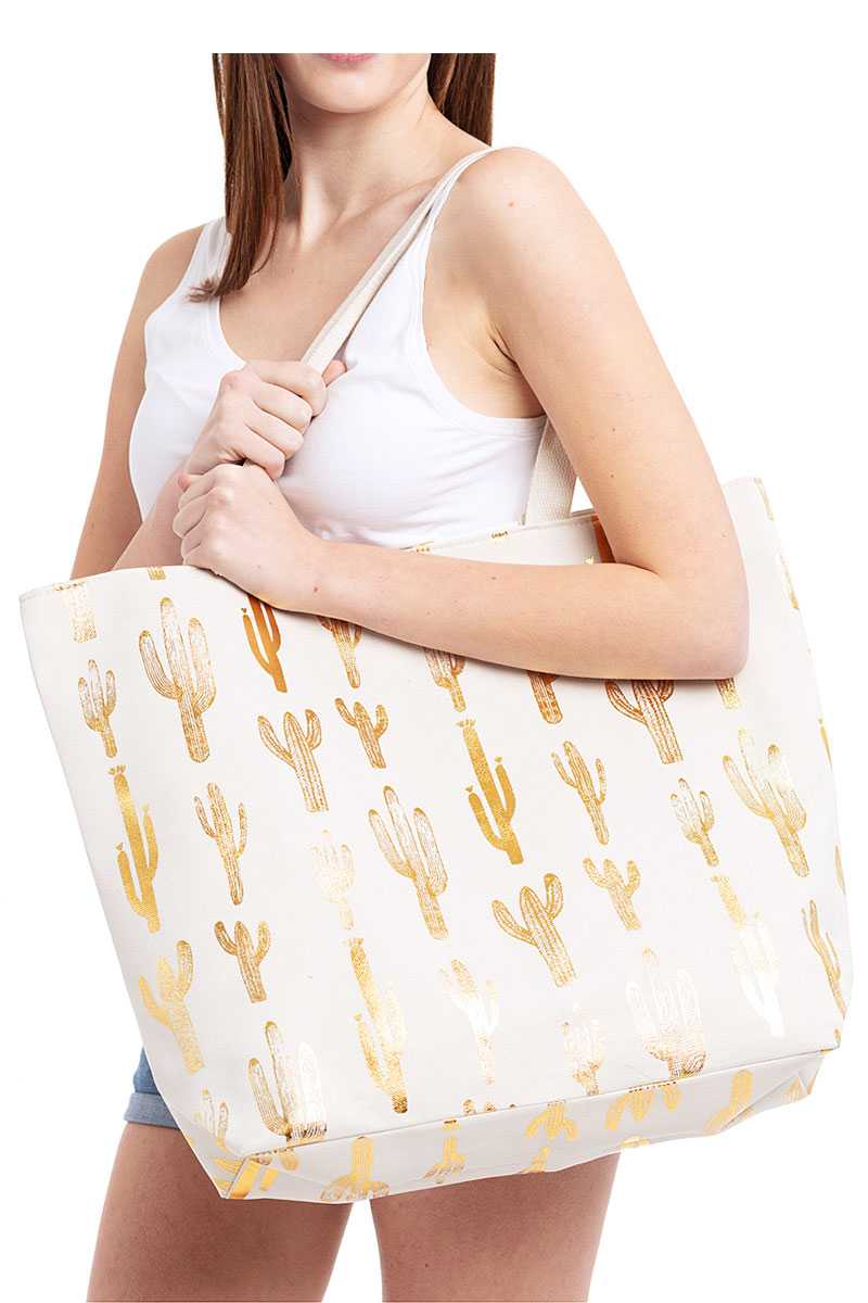 Fashion Golden Foil Cactus Print Canvas Shopper Bag