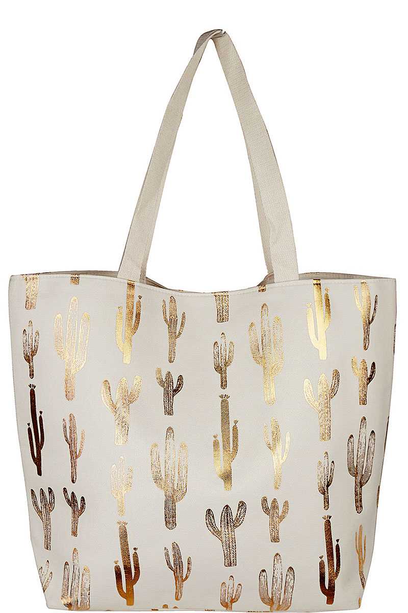 Fashion Golden Foil Cactus Print Canvas Shopper Bag