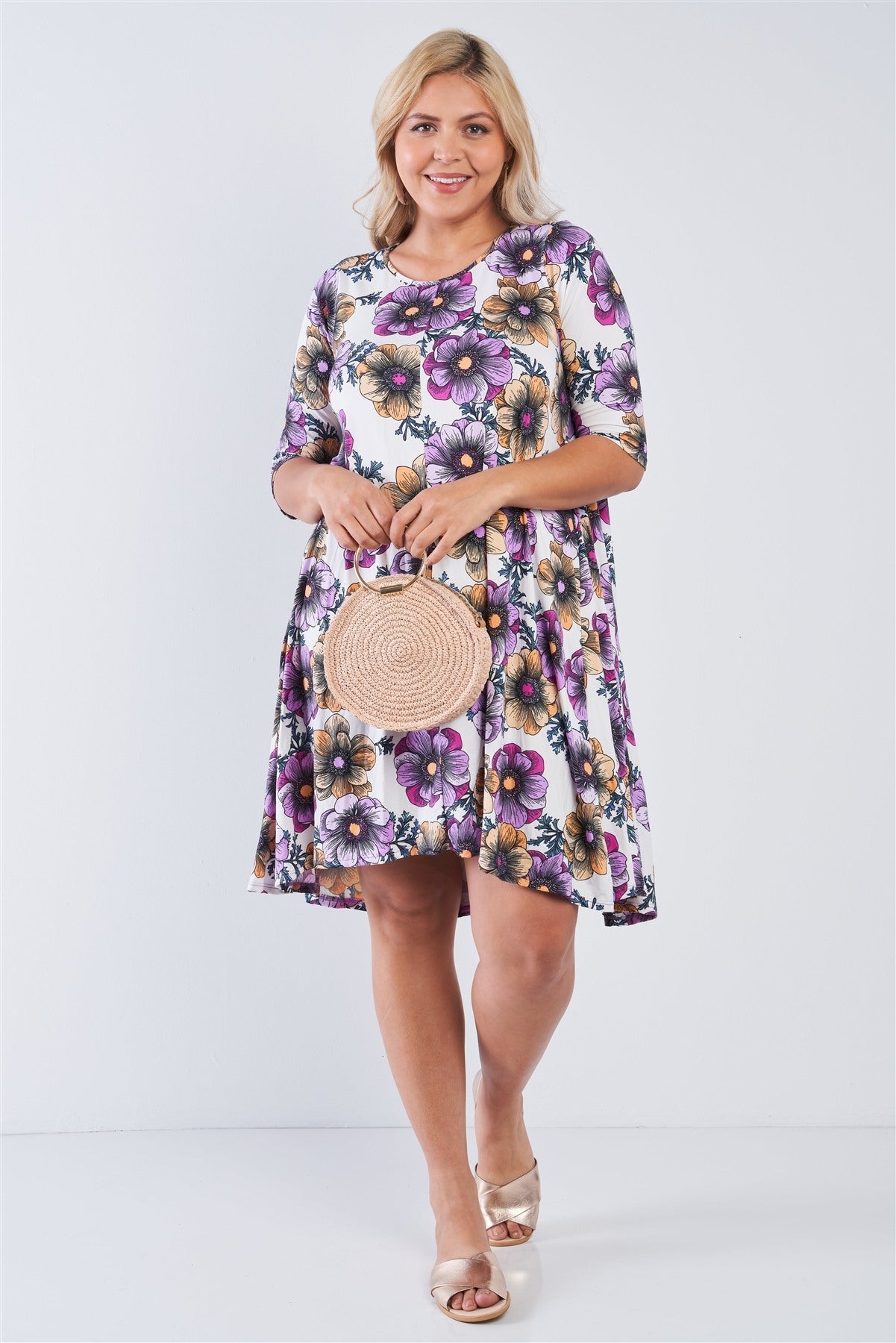 Plus White Floral 3/4 Sleeve Midi Dress