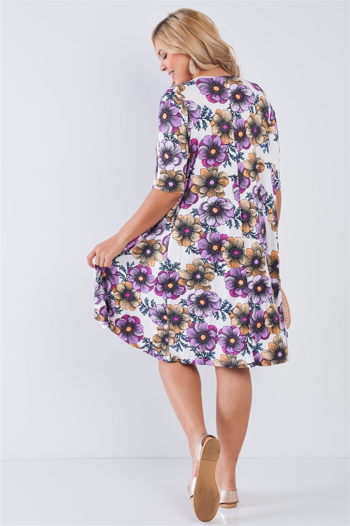 Plus White Floral 3/4 Sleeve Midi Dress